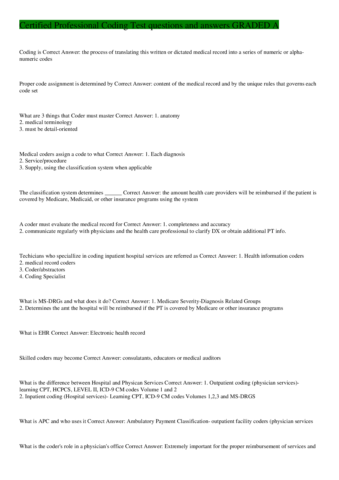 Preview image of Certified Professional Coding Test questions and answers GRADED A document